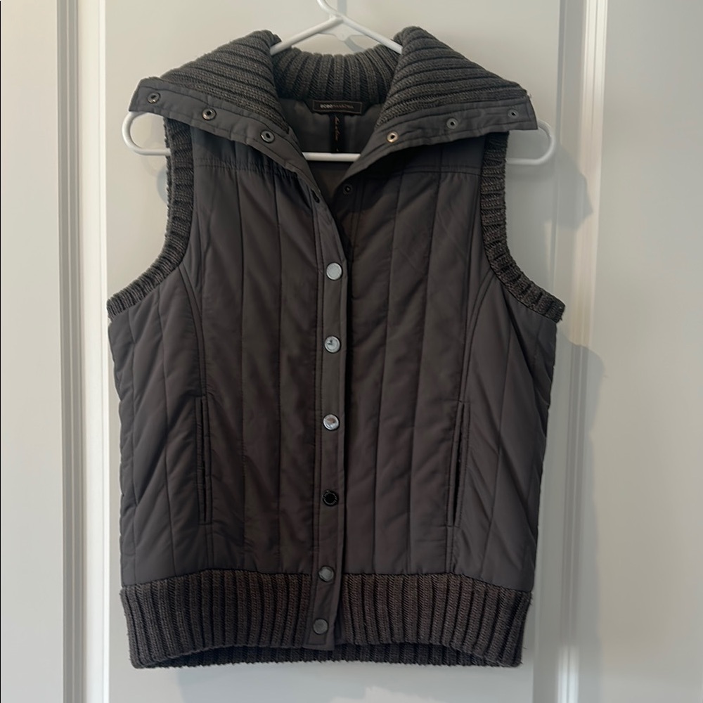 Gray Quilted Vest with Knit Trim